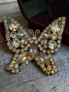 Vintage Kramer Rhinestone Butterfly Brooch Gold-Tone Crystal Pin Jewelry Collect